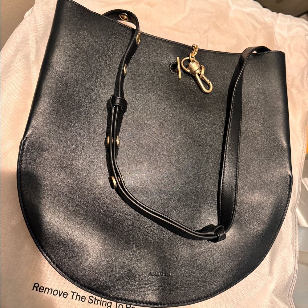 AllSaints Black Leather Half-Moon Shoulder Bag with Gold Hardware - Picture 7 of 9